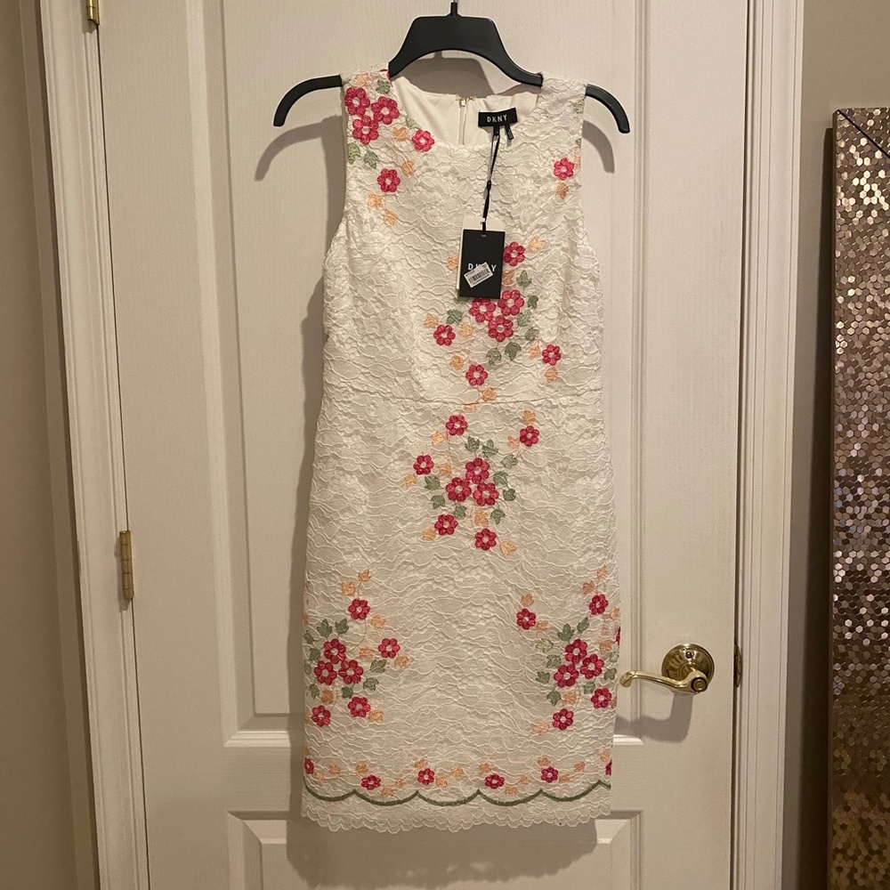 DKNY WOMENS EMBROIDERED FLORAL LACE SHEATH DRESS